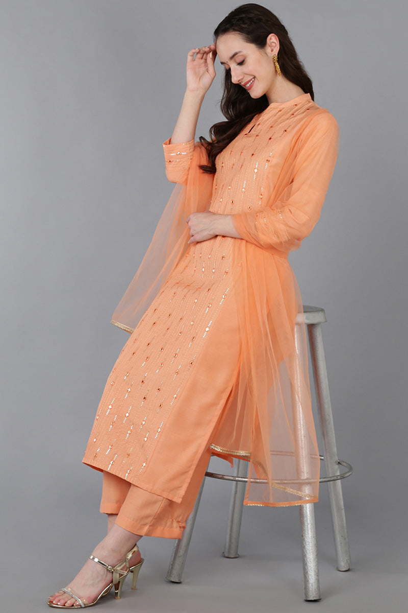 Peach Silk Blend Solid Straight Suit Set VKSKD1692