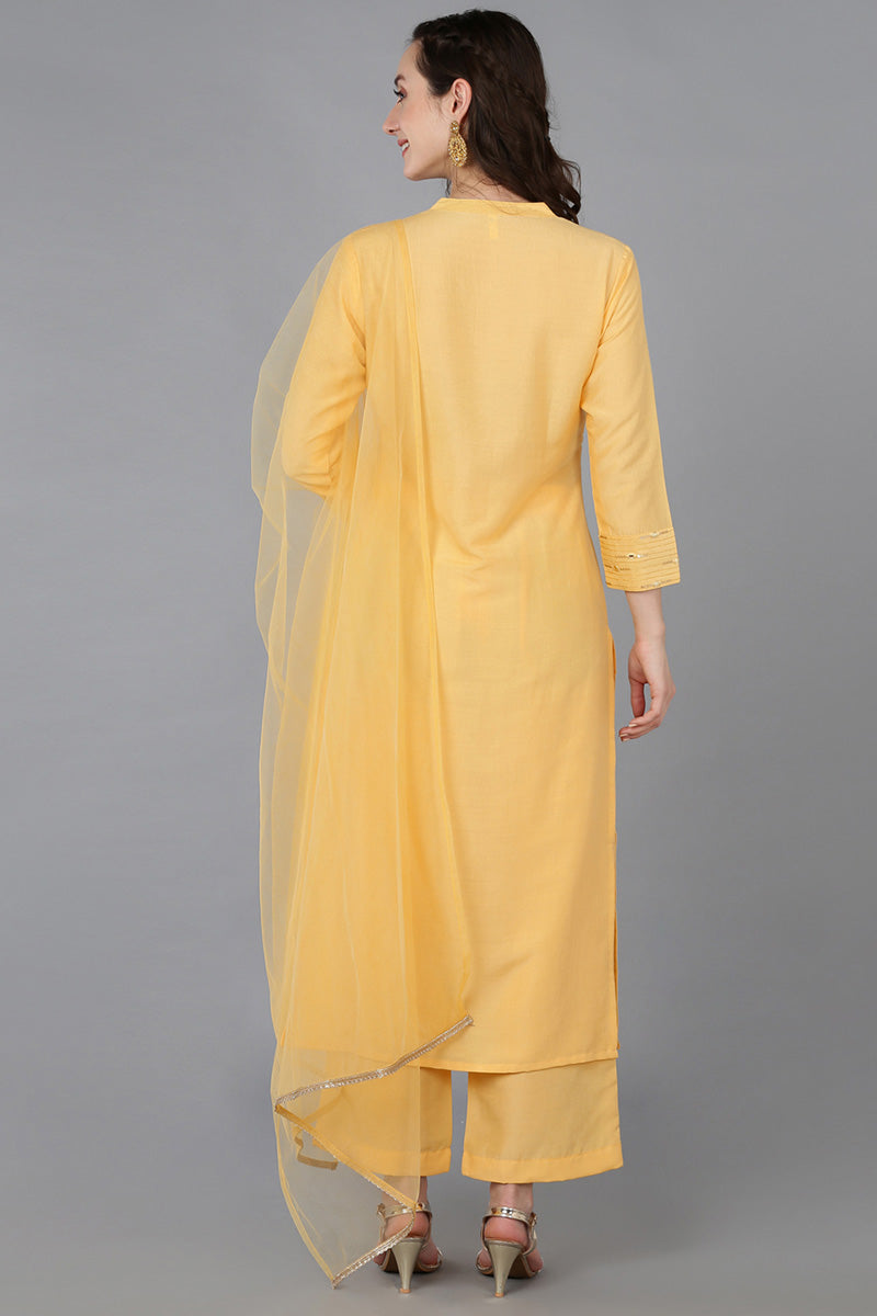 Yellow Silk Blend Solid Straight Kurta Trousers With Dupatta 