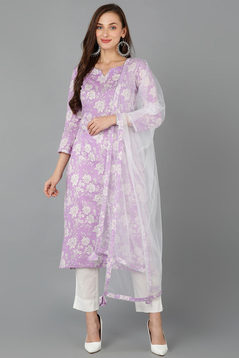 Purple Rayon blend Floral Straight Kurta Pant With Dupatta VKSKD1715