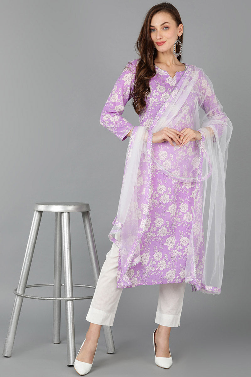 Purple Rayon blend Floral Straight Kurta Pant With Dupatta VKSKD1715
