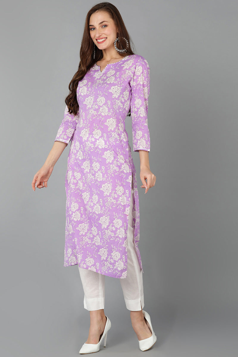 Purple Rayon blend Floral Straight Kurta Pant With Dupatta VKSKD1715