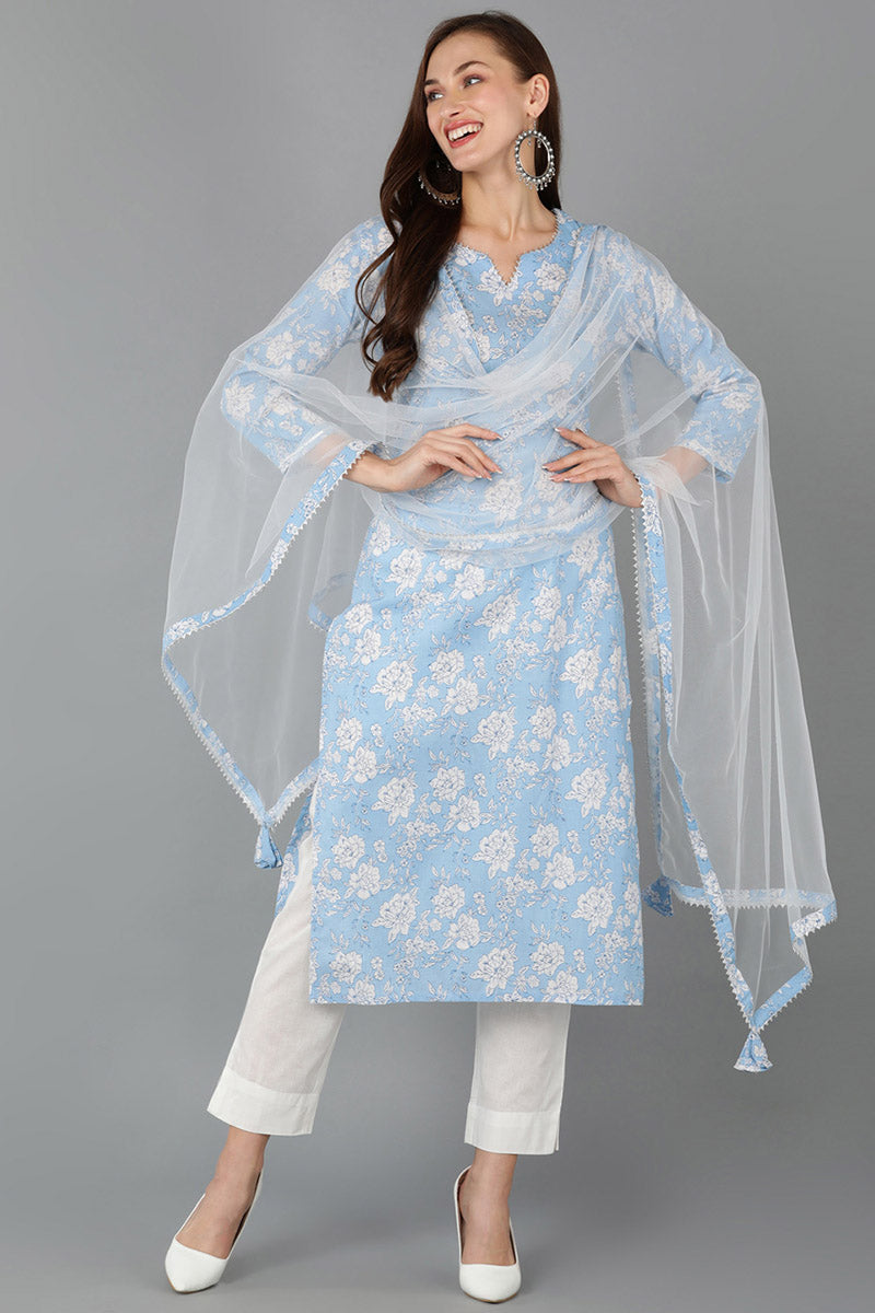 Blue Rayon Blend Floral Straight Kurta Pant With Dupatta VKSKD1716
