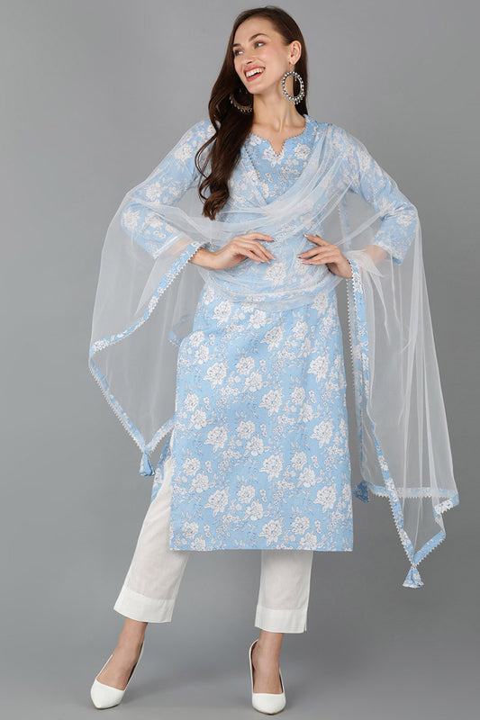 Blue Rayon Blend Floral Straight Kurta Pant With Dupatta VKSKD1716