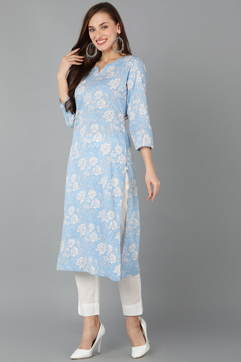 Blue Rayon Blend Floral Straight Kurta Pant With Dupatta VKSKD1716