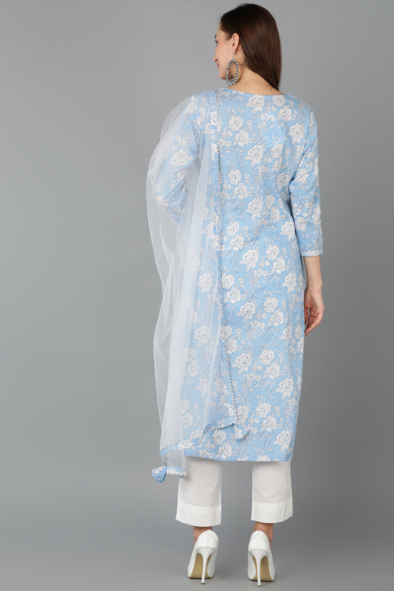 Blue Rayon Blend Floral Straight Kurta Pant With Dupatta VKSKD1716