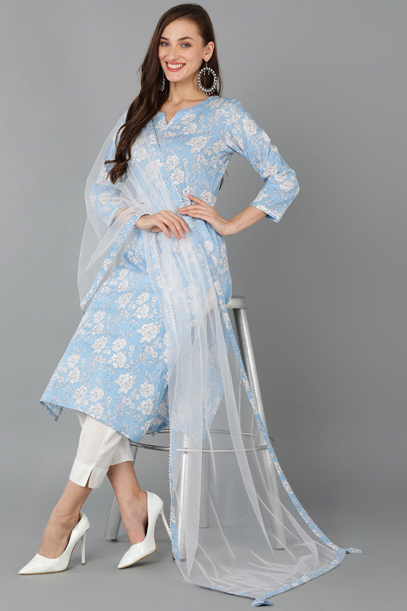 Blue Rayon Blend Floral Straight Kurta Pant With Dupatta VKSKD1716