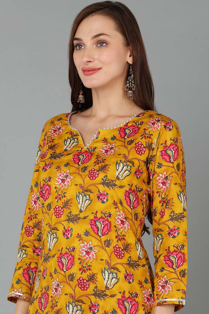 Mustard Rayon Blend Floral Straight Kurta Pant With Dupatta VKSKD1718