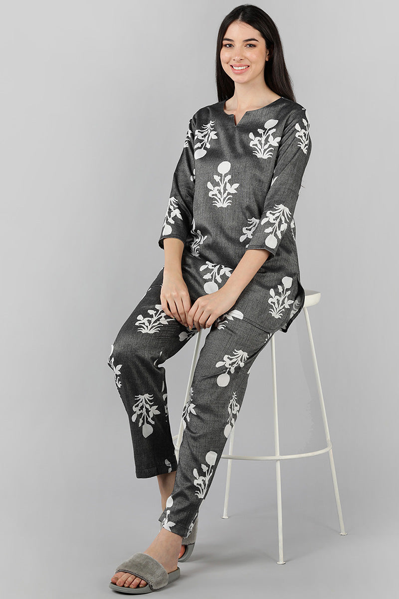 Grey Cotton Ethnic Motifs Night Suit VNWK1047