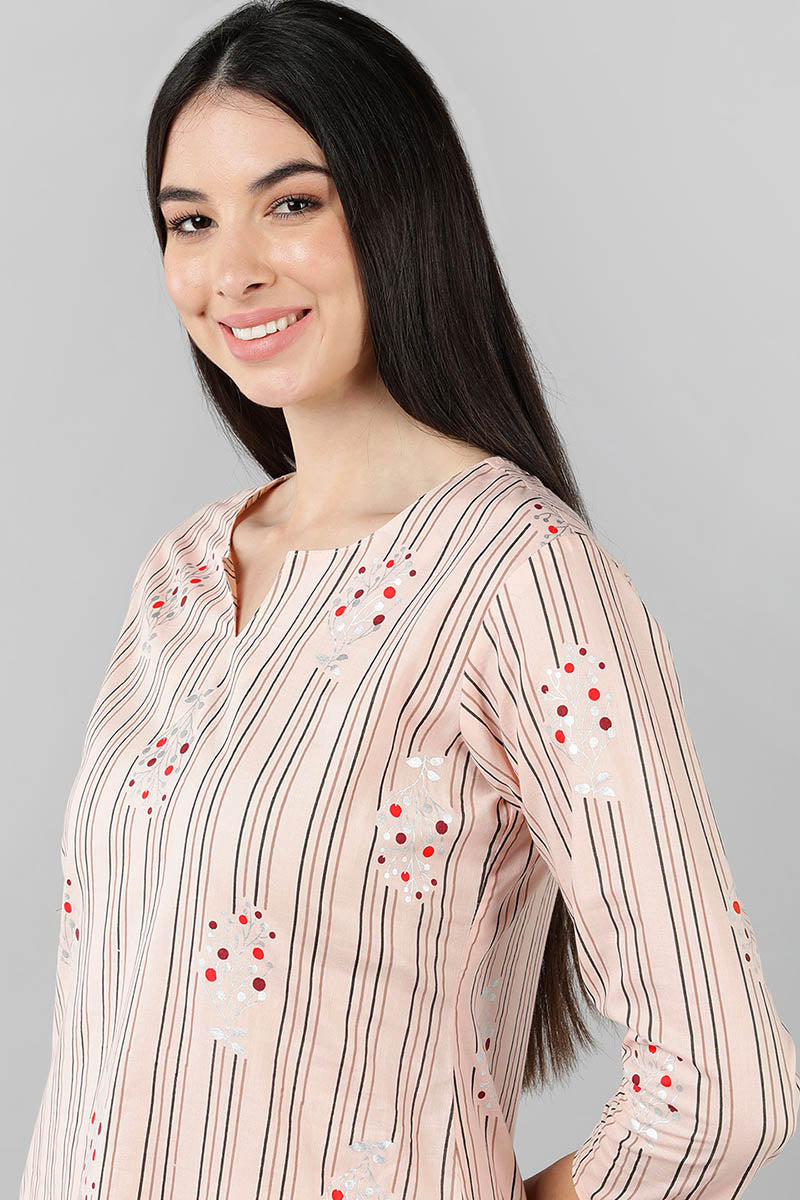 Peach Cotton Striped Night Suit VNWK1055