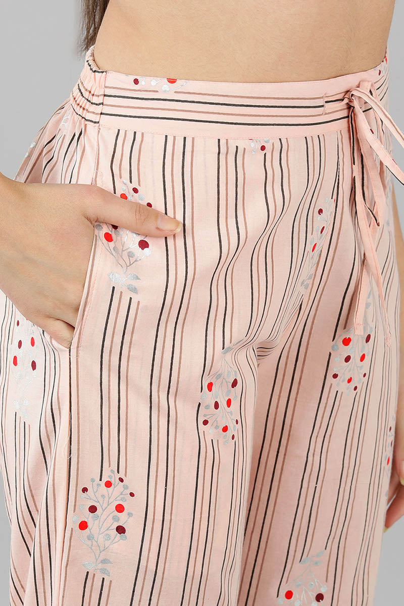 Peach Cotton Striped Night Suit VNWK1055