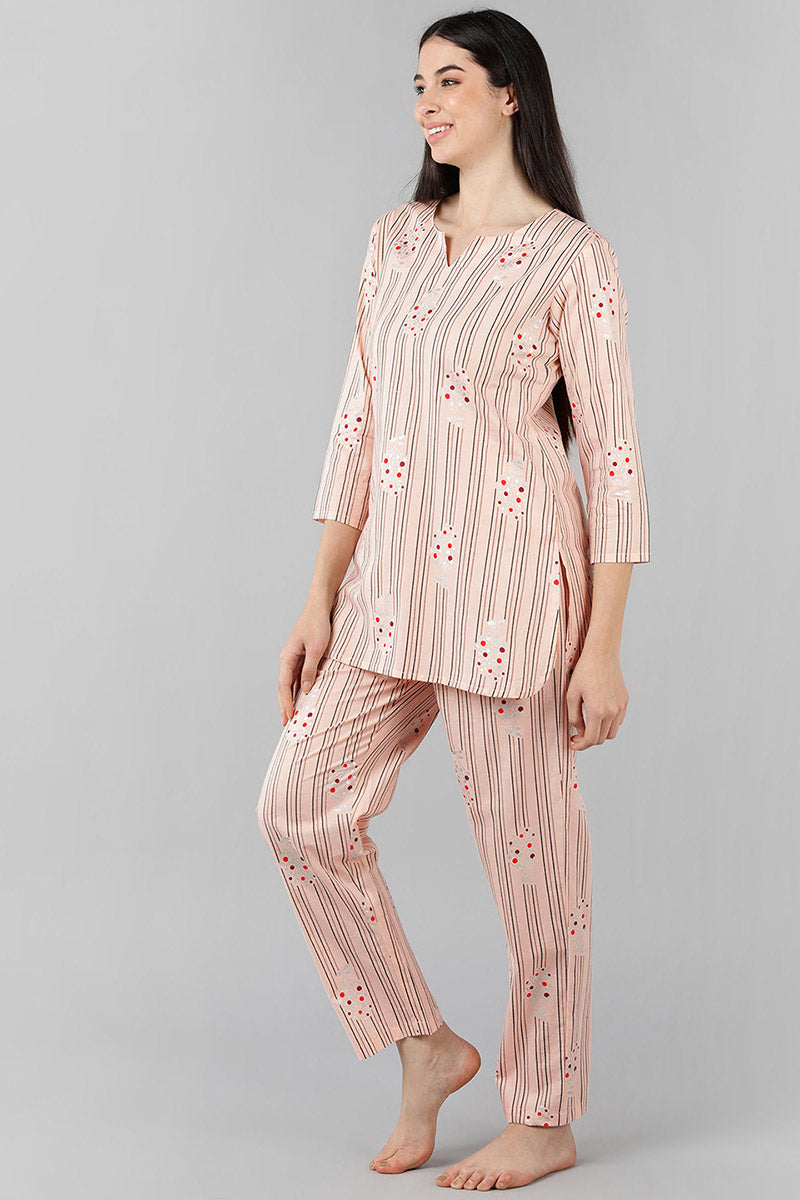 Peach Cotton Striped Night Suit VNWK1055