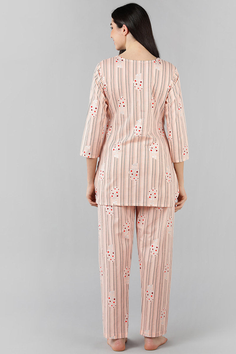 Peach Cotton Striped Night Suit VNWK1055