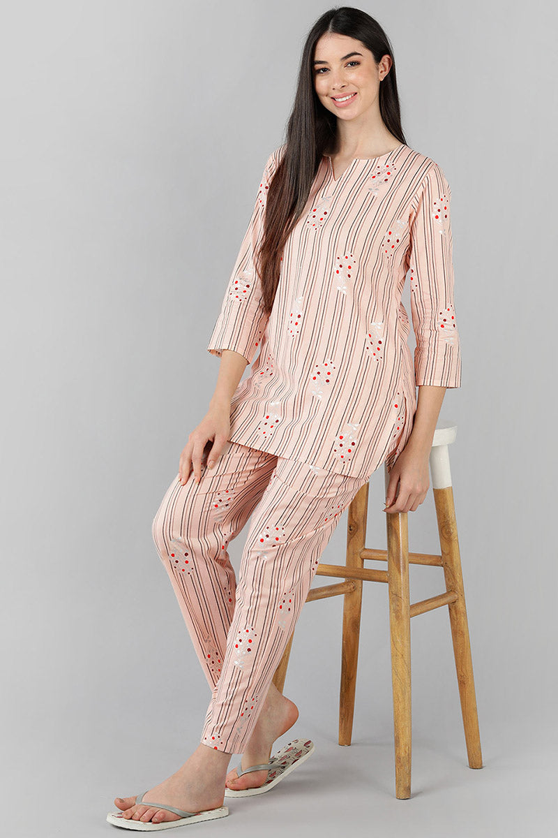 Peach Cotton Striped Night Suit VNWK1055