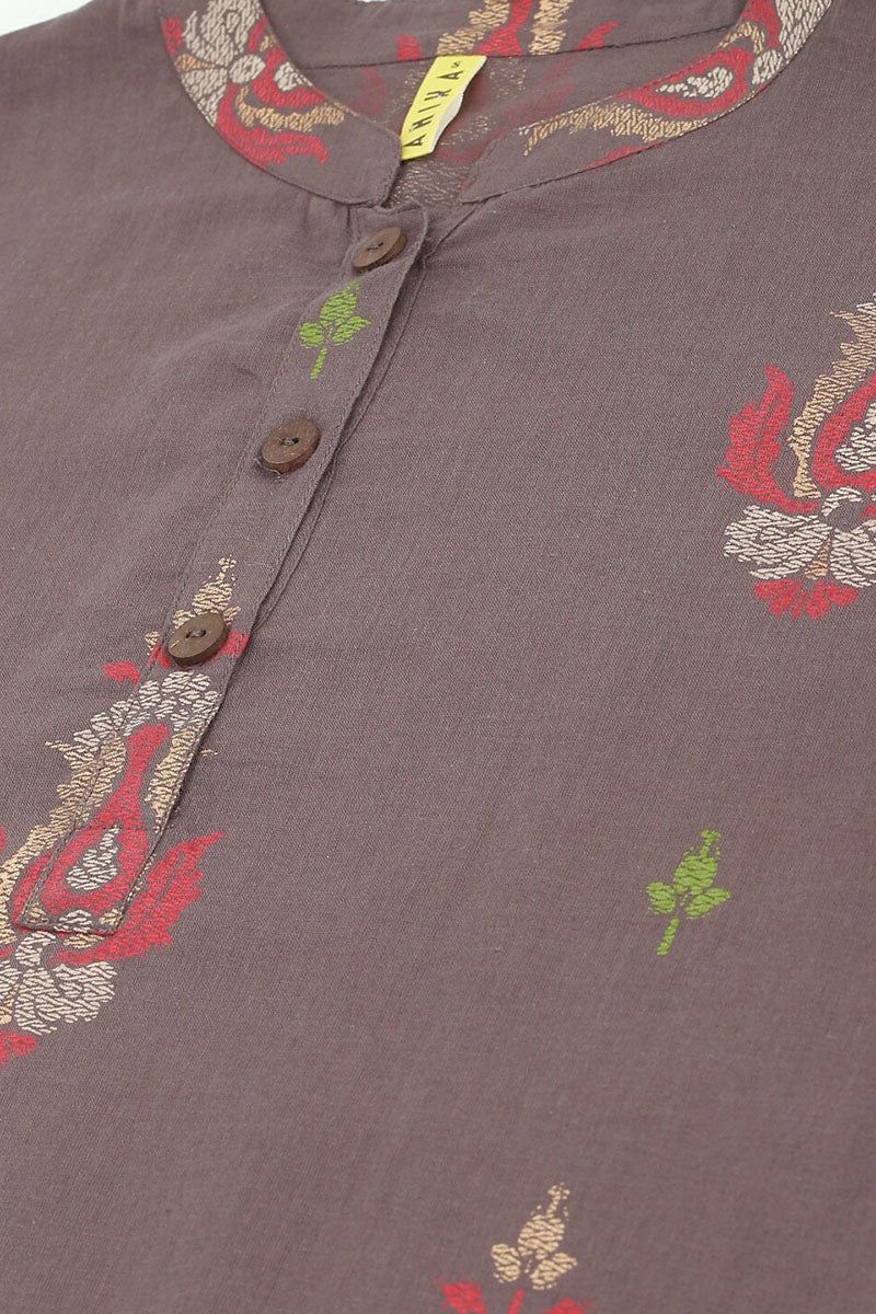 Taupe Cotton Ethnic Motifs Regular Tunic Top VT1102