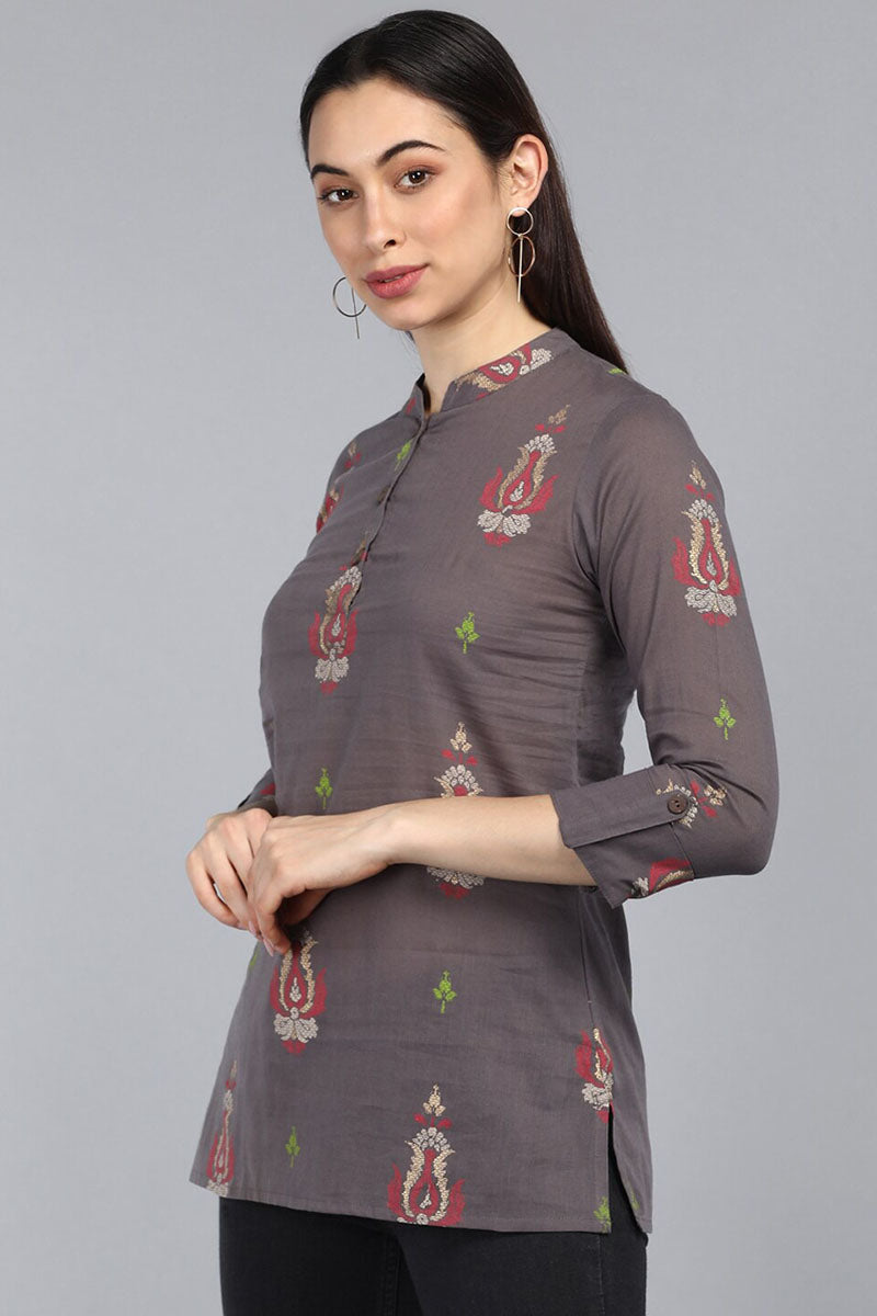 Taupe Cotton Ethnic Motifs Regular Tunic Top VT1102