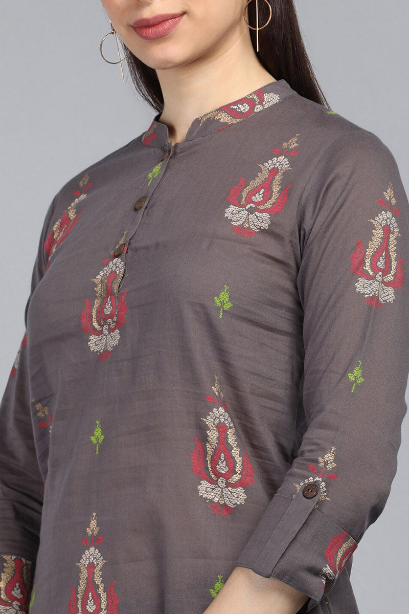 Taupe Cotton Ethnic Motifs Regular Tunic Top VT1102
