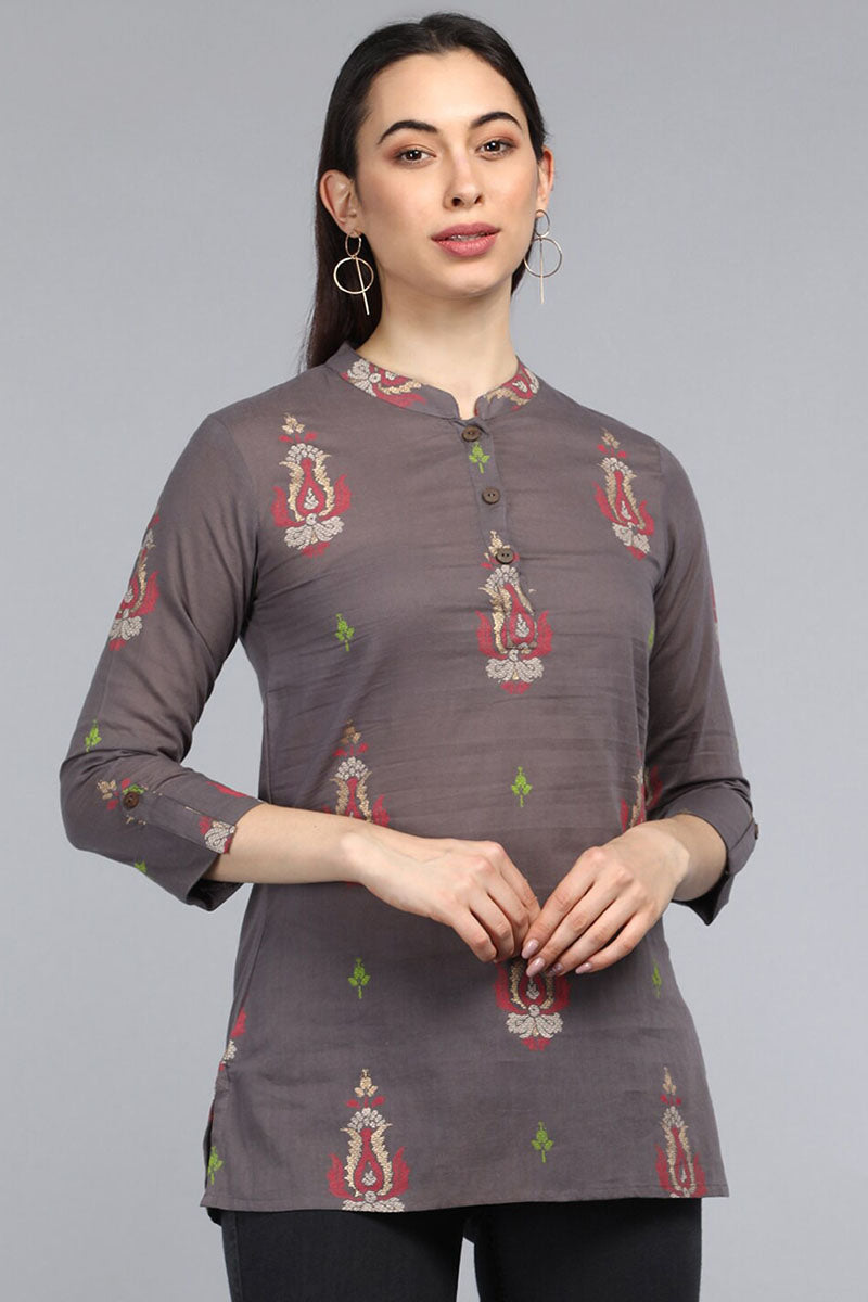 Taupe Cotton Ethnic Motifs Regular Tunic Top VT1102