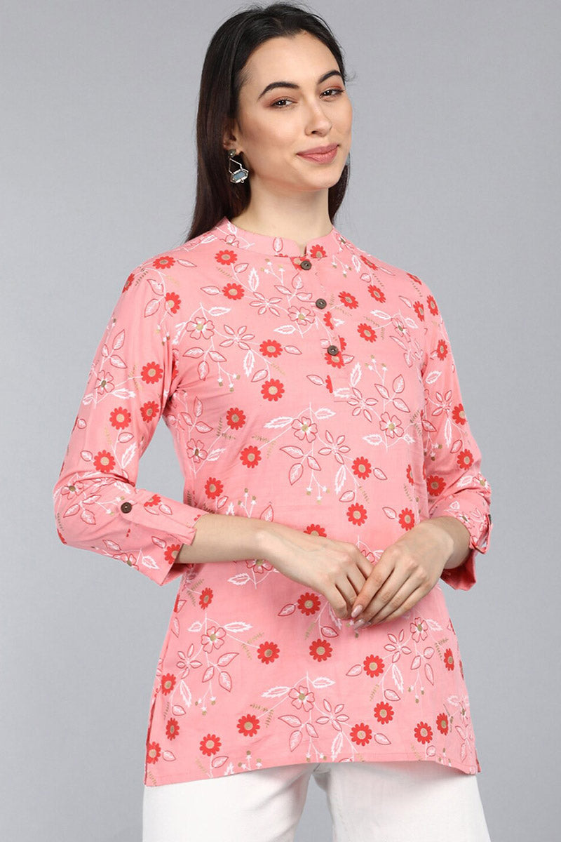AHIKA Pink Floral Print Mandarin Collar Longline Top