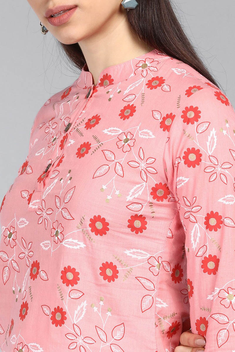 AHIKA Pink Floral Print Mandarin Collar Longline Top