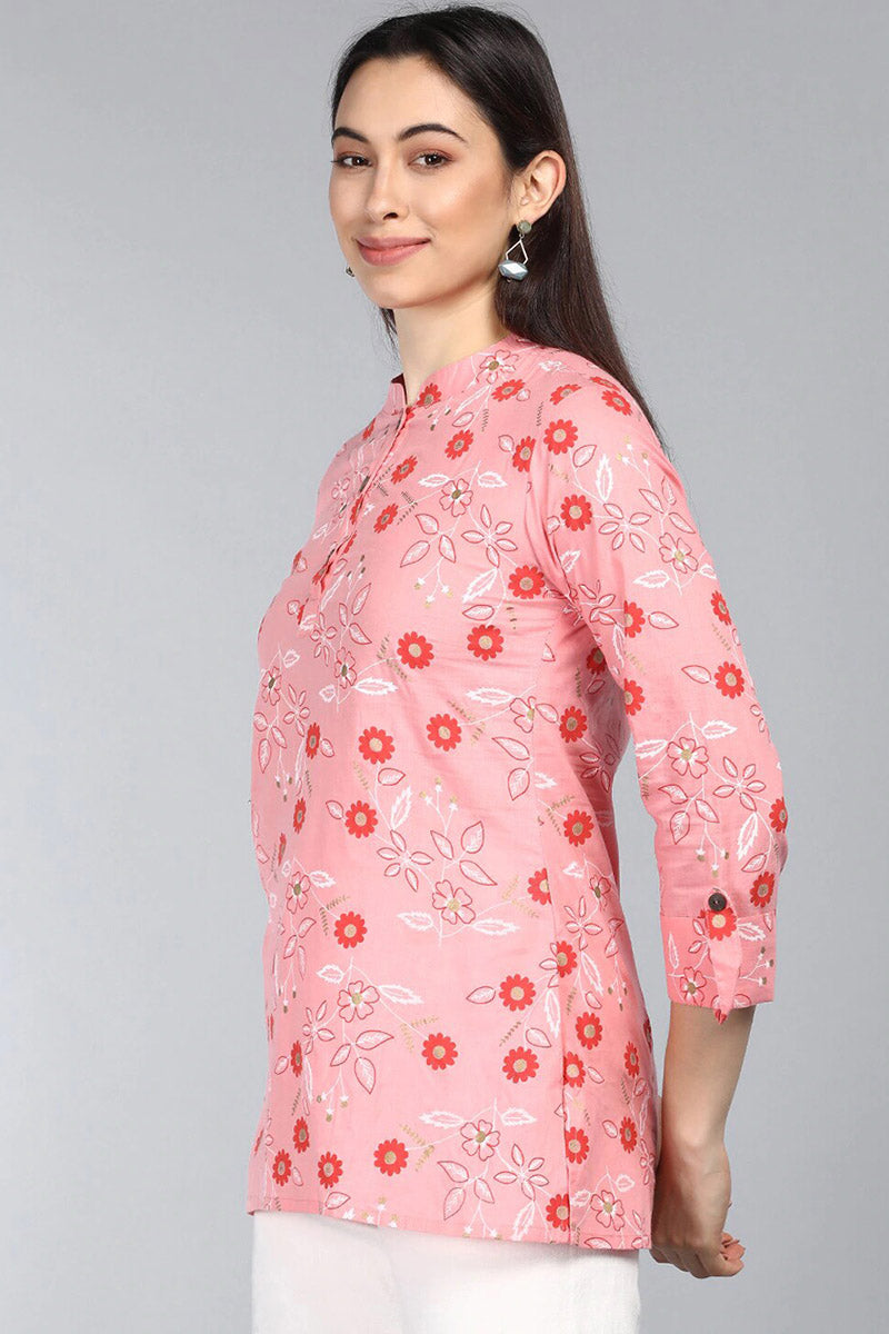 AHIKA Pink Floral Print Mandarin Collar Longline Top