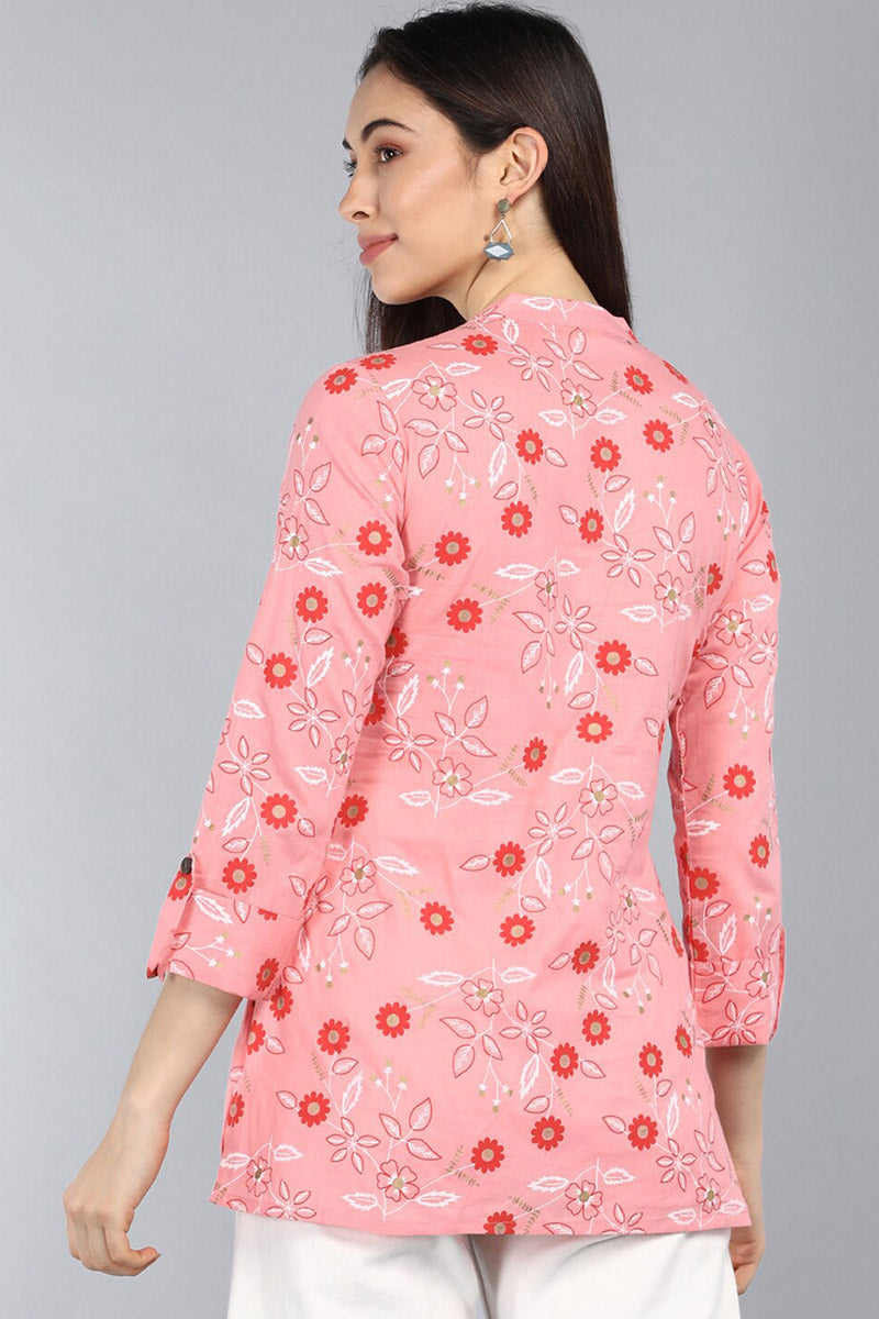 AHIKA Pink Floral Print Mandarin Collar Longline Top