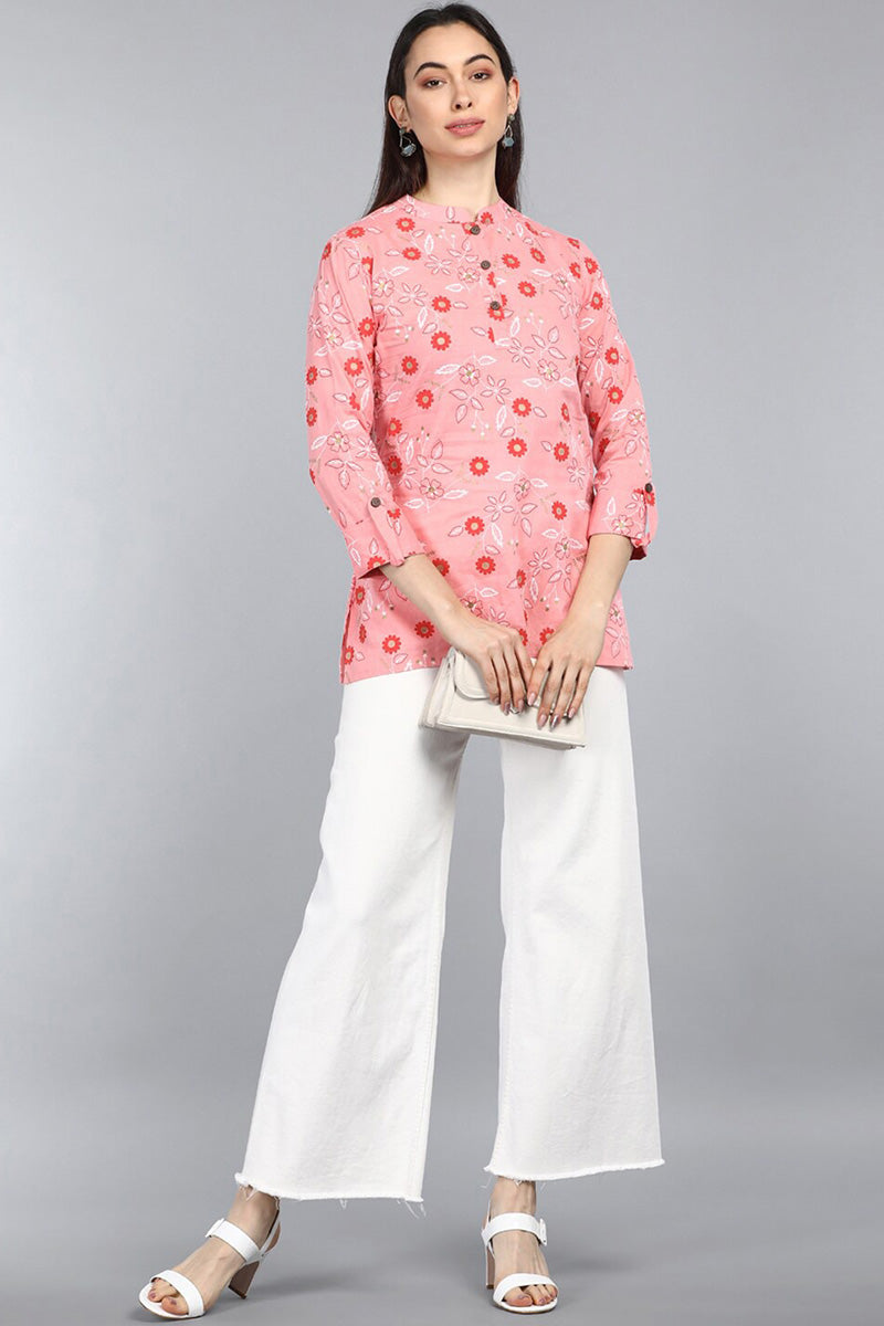 AHIKA Pink Floral Print Mandarin Collar Longline Top