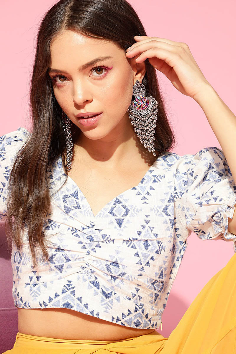 AHIKA Off White Blue Pure Cotton Blouson Crop Top