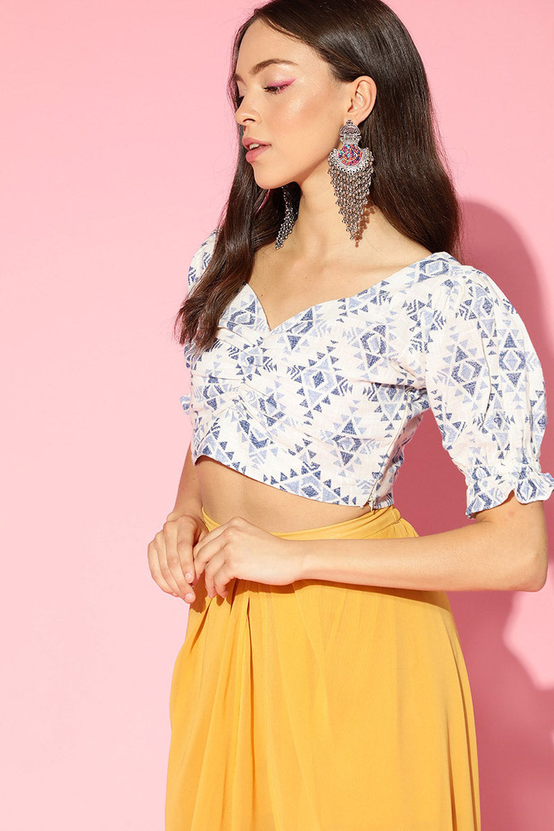 AHIKA Off White Blue Pure Cotton Blouson Crop Top