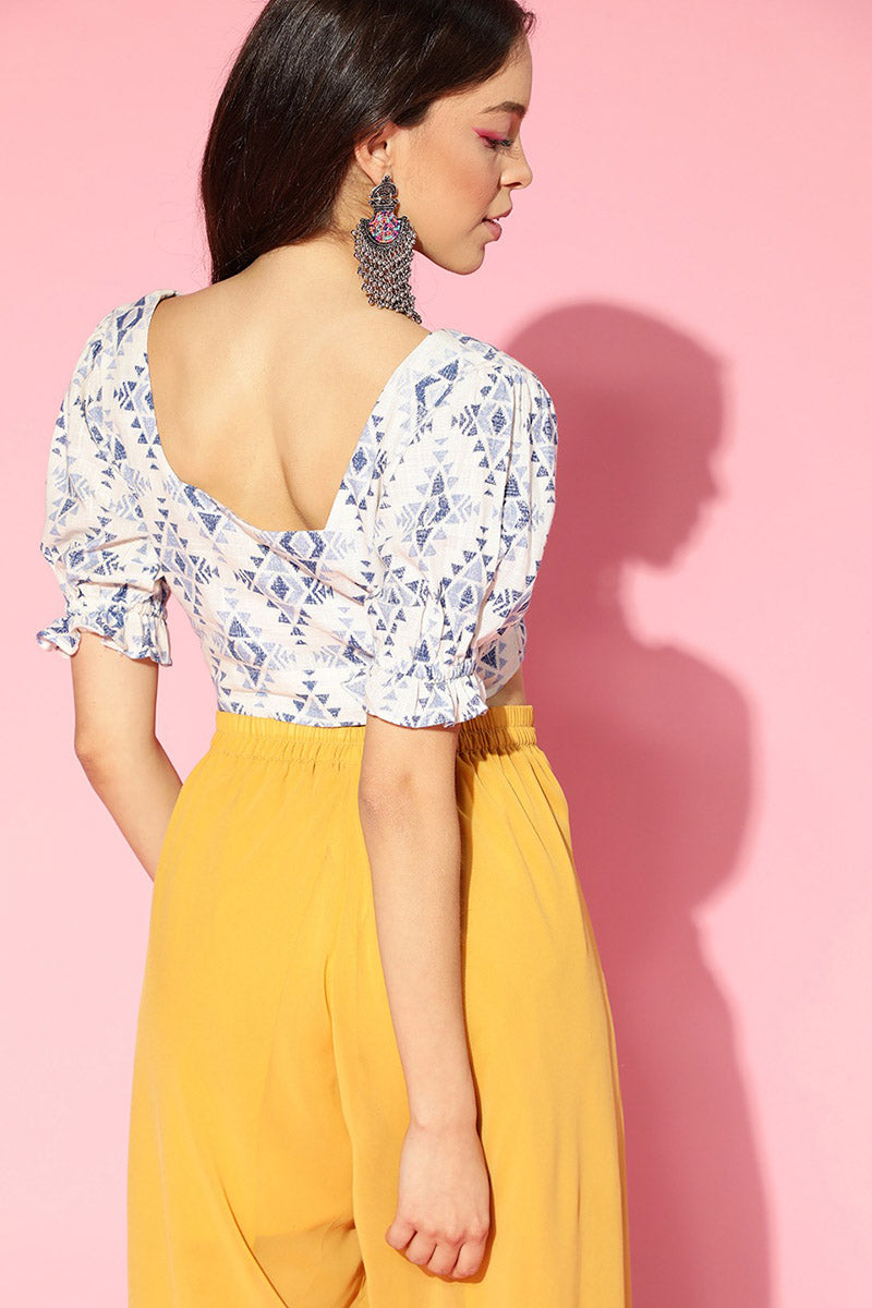 AHIKA Off White Blue Pure Cotton Blouson Crop Top
