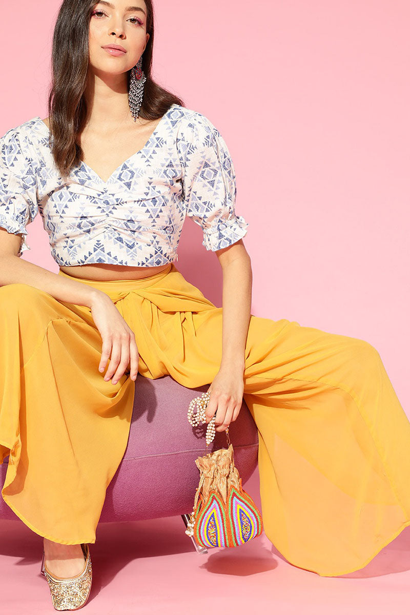 AHIKA Off White Blue Pure Cotton Blouson Crop Top