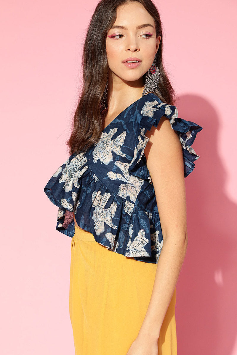AHIKA Blue Beige Floral Peplum Crop Top