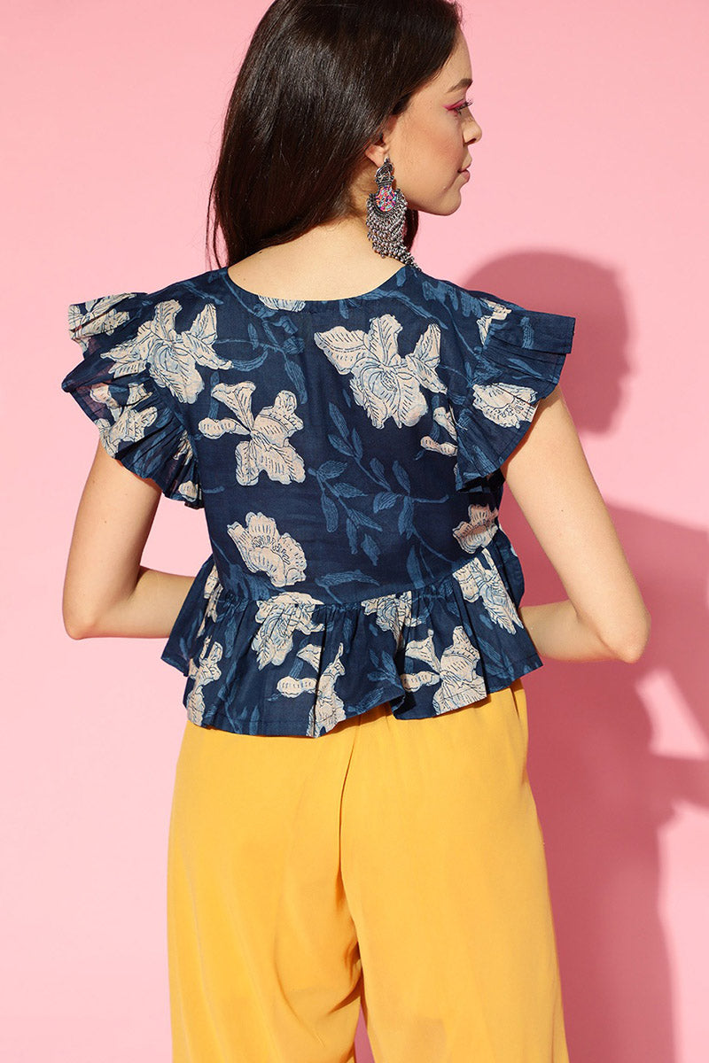AHIKA Blue Beige Floral Peplum Crop Top