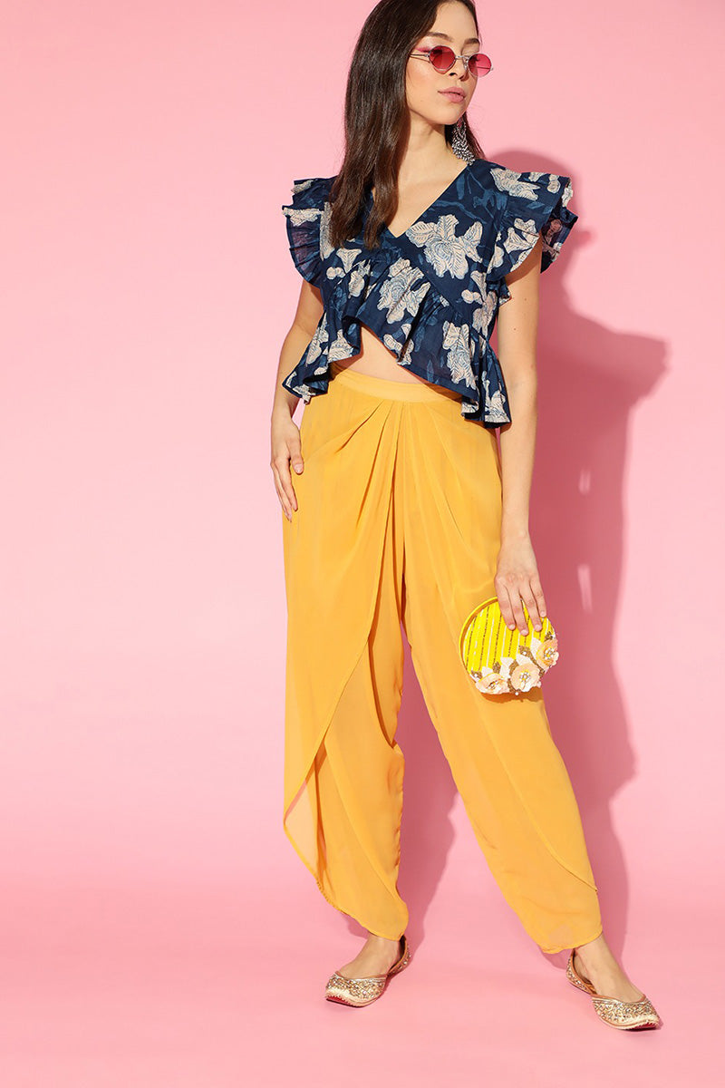 AHIKA Blue Beige Floral Peplum Crop Top