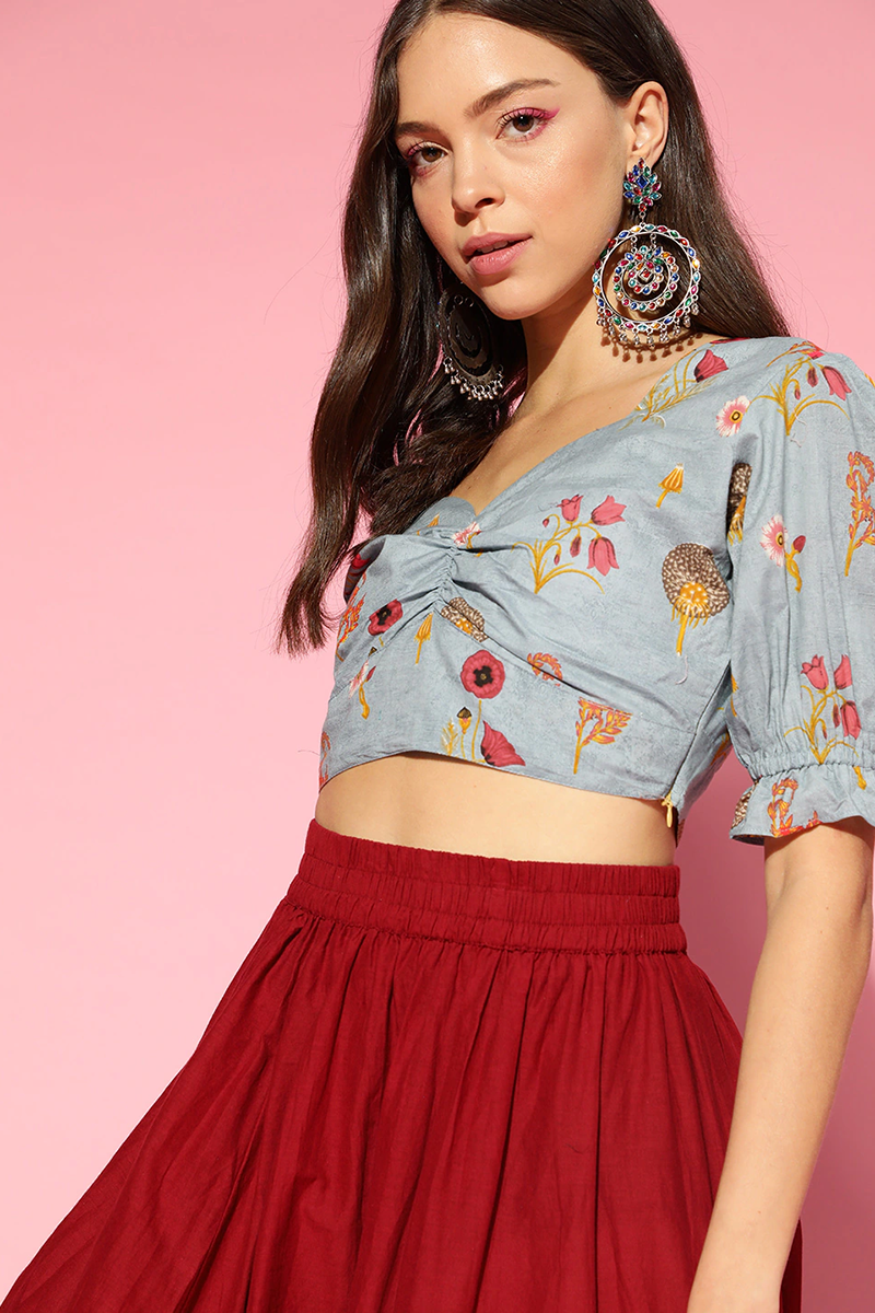 Blue Pure Cotton Floral Print Crop Top VT1167
