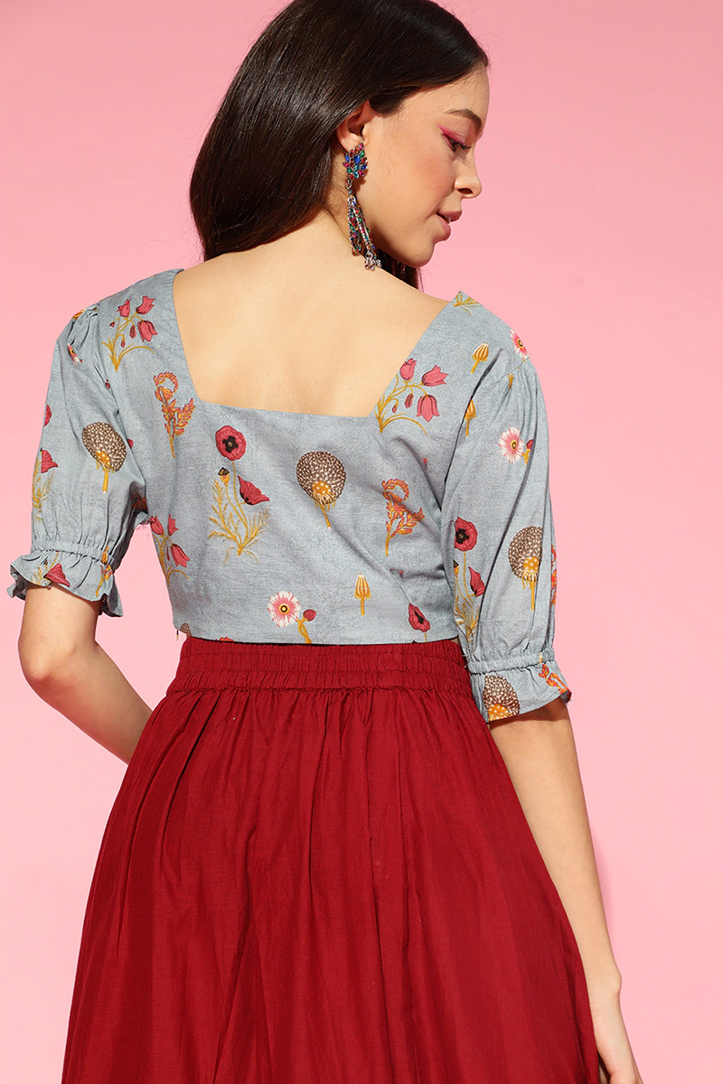 Blue Pure Cotton Floral Print Crop Top VT1167