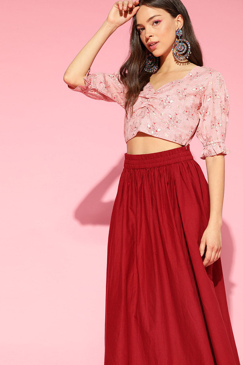 Peach Cotton Ethnic Motifs Crop Top VT1169