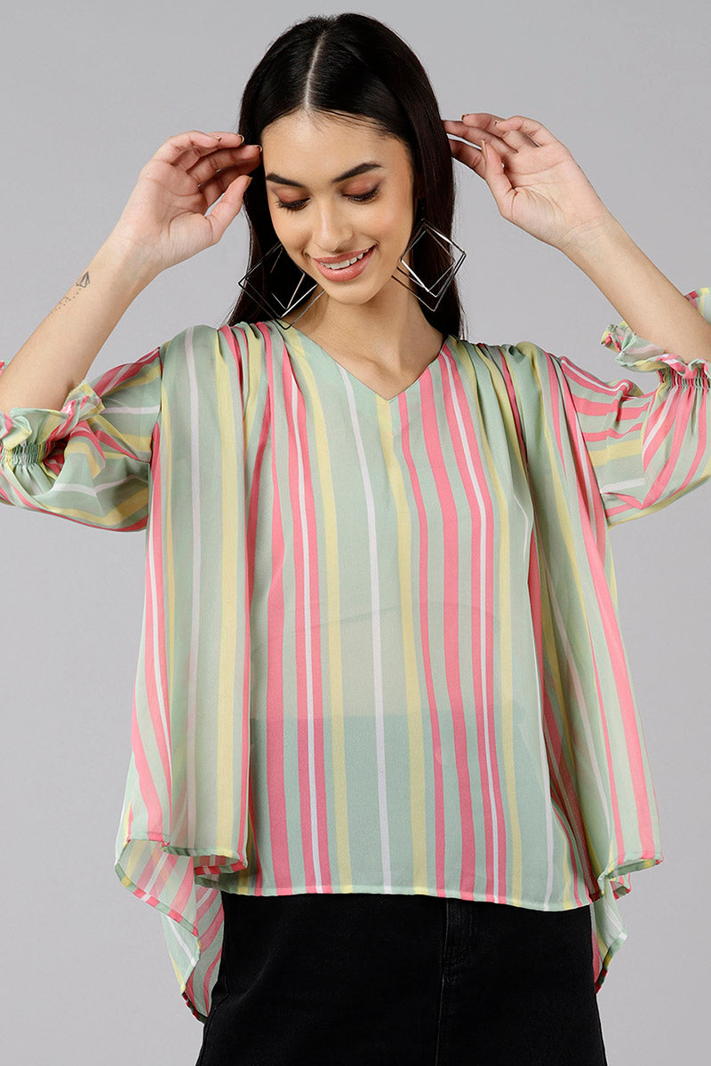 AHIKA Women Sea Green Striped Vertical Stripes Tops