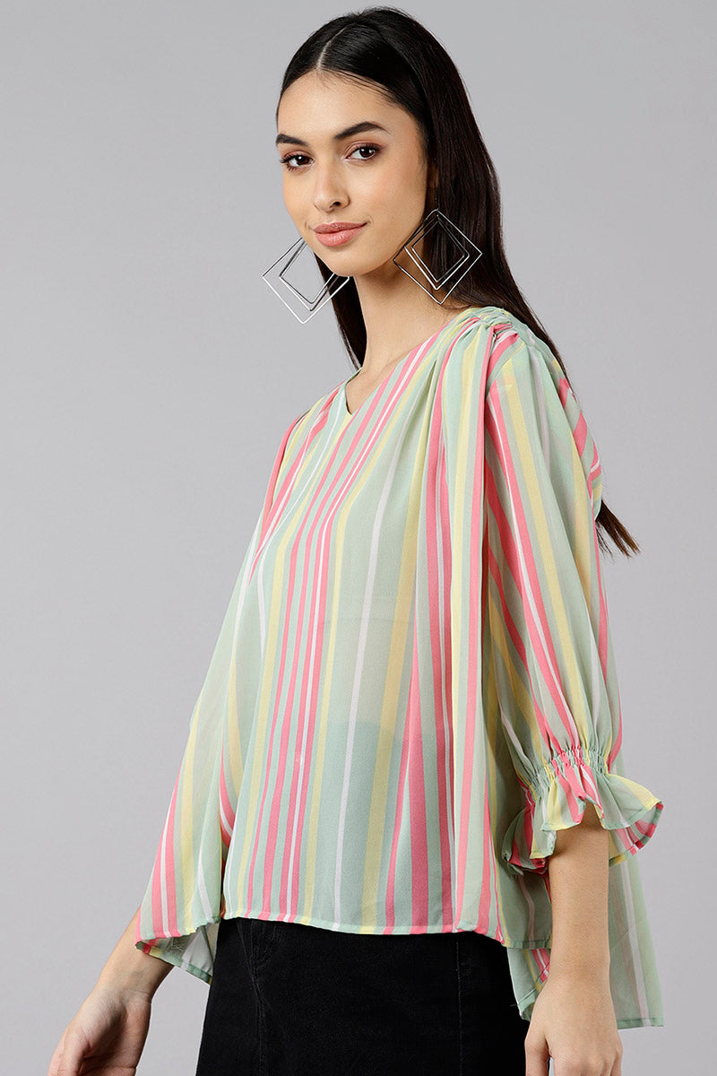 AHIKA Women Sea Green Striped Vertical Stripes Tops