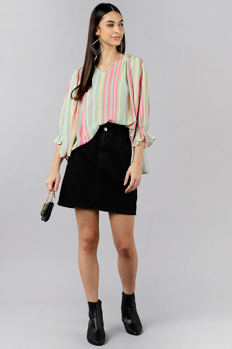 AHIKA Women Sea Green Striped Vertical Stripes Tops