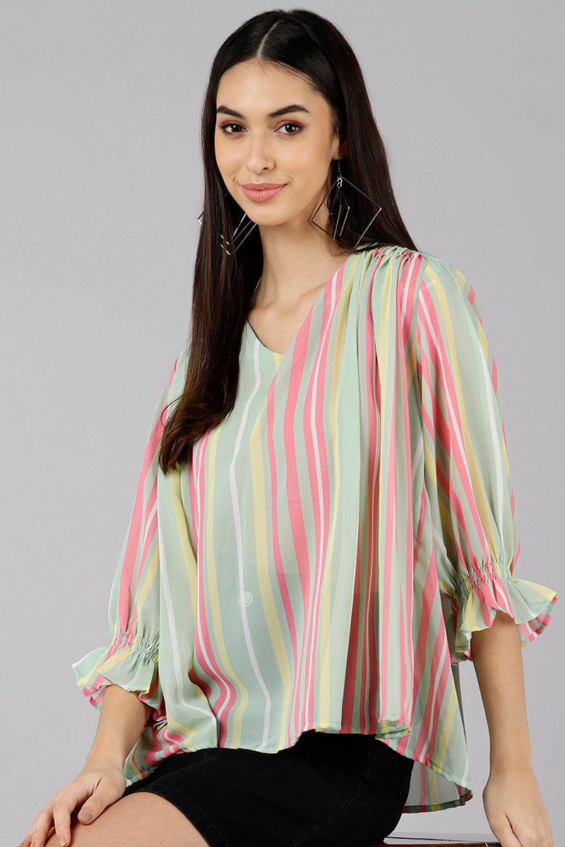 AHIKA Women Sea Green Striped Vertical Stripes Tops