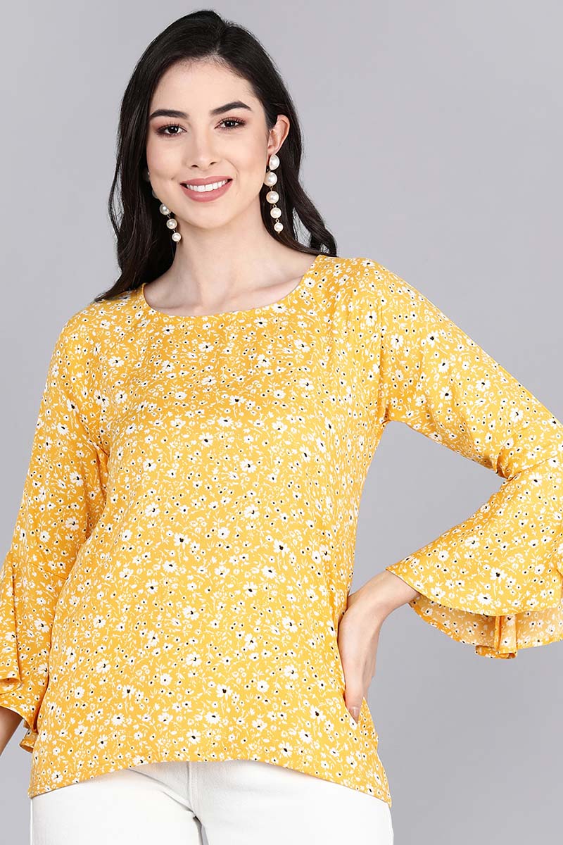 AHIKA Mustard Yellow Floral Print Crepe Top