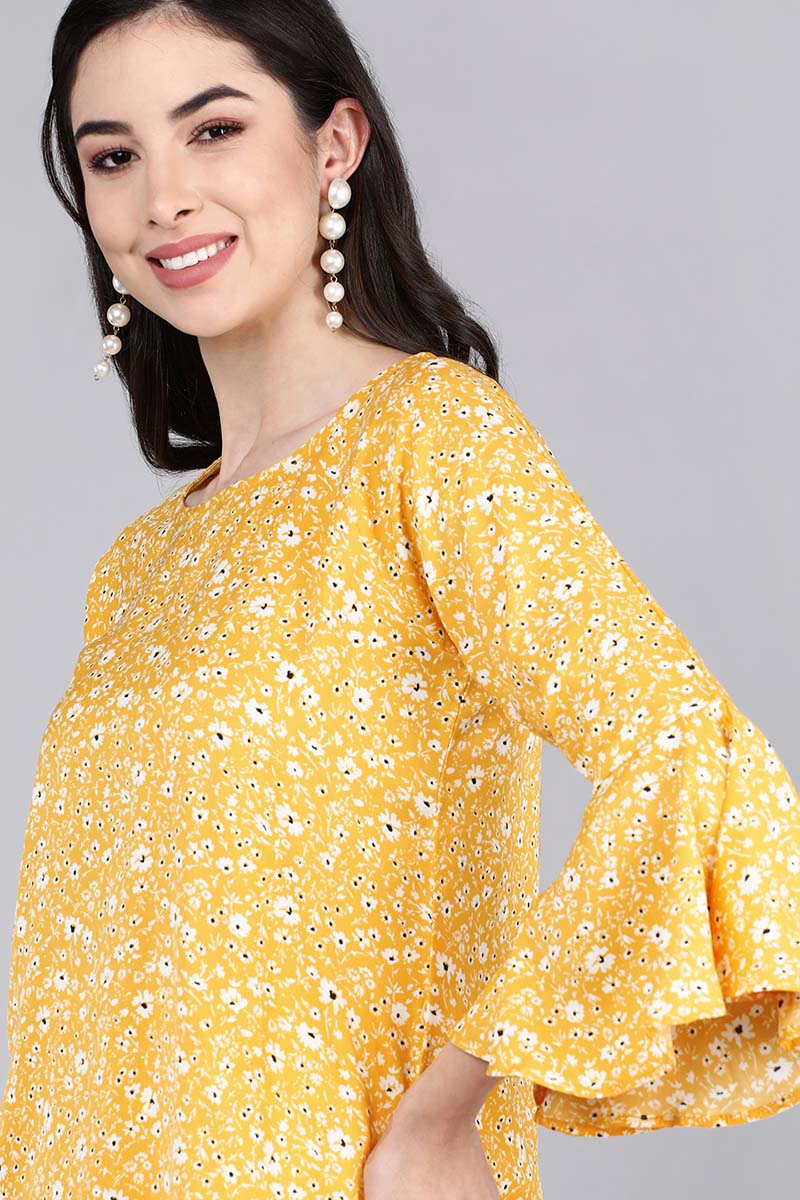 AHIKA Mustard Yellow Floral Print Crepe Top