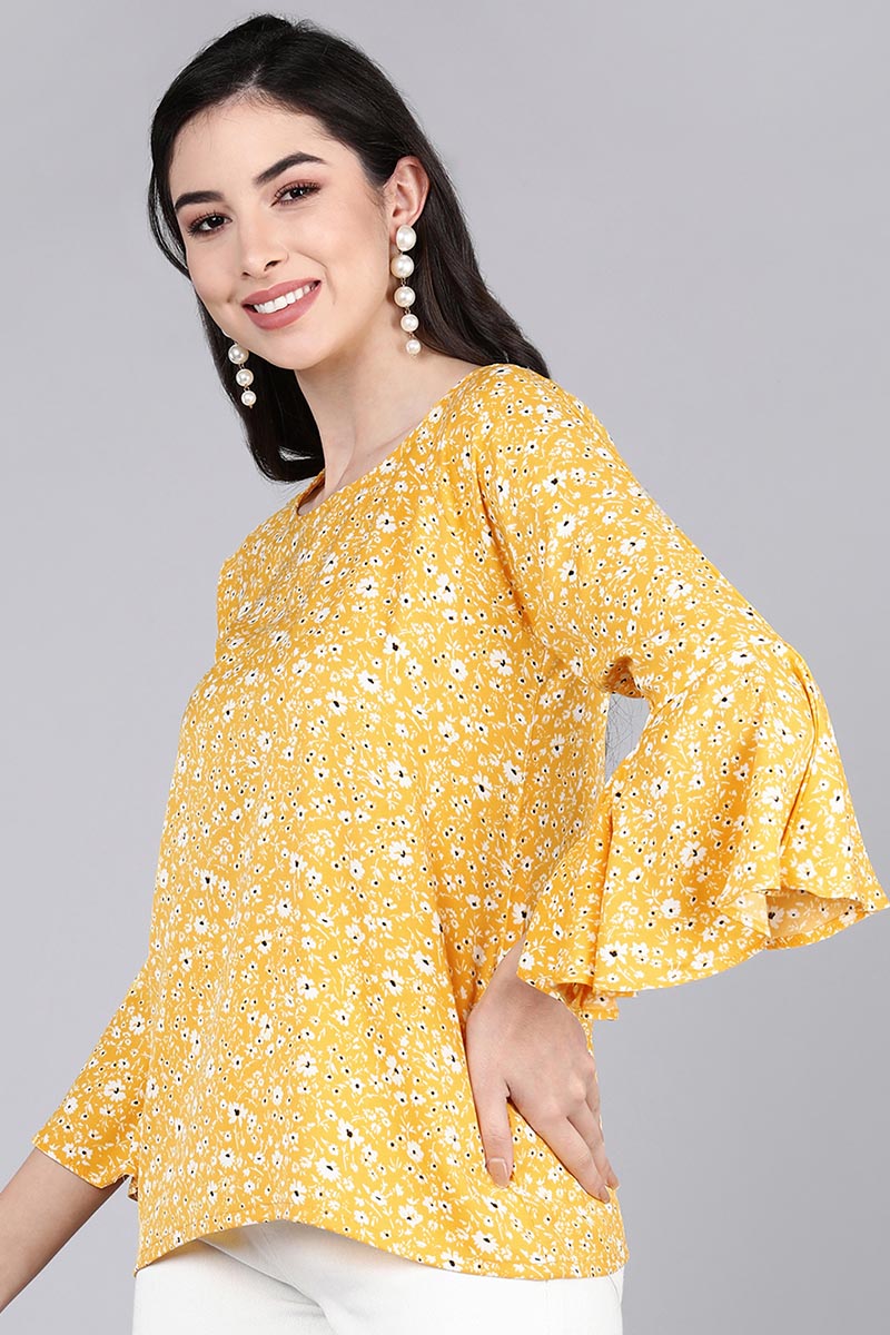 AHIKA Mustard Yellow Floral Print Crepe Top