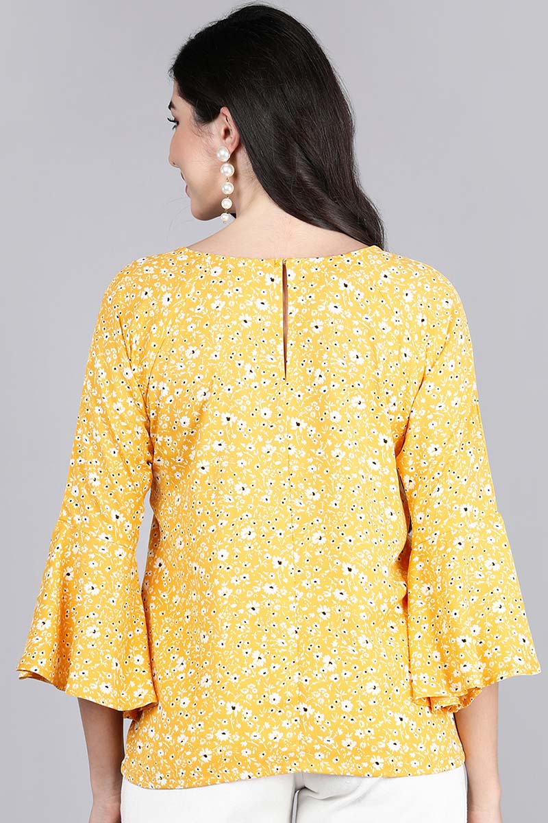 AHIKA Mustard Yellow Floral Print Crepe Top