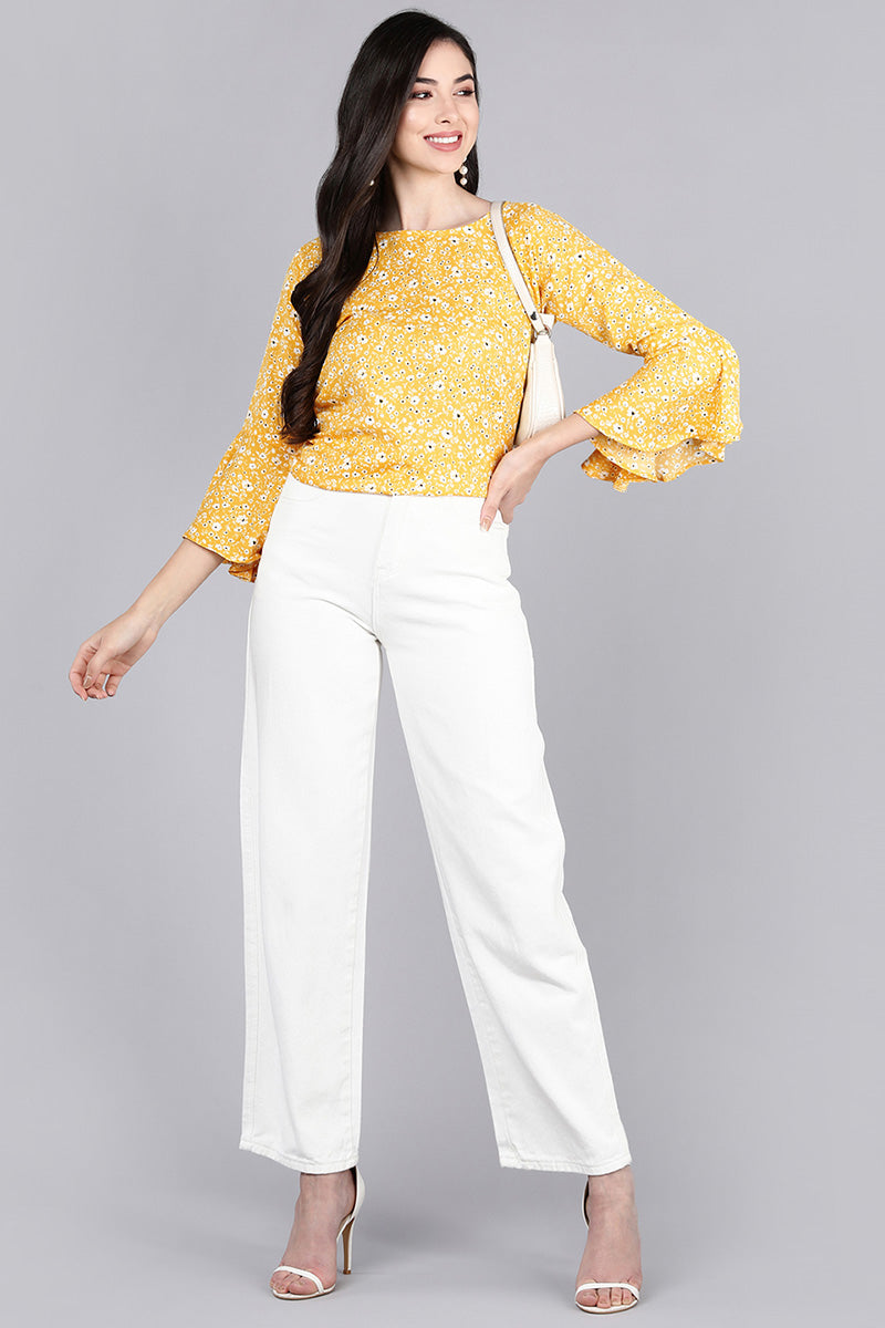 AHIKA Mustard Yellow Floral Print Crepe Top