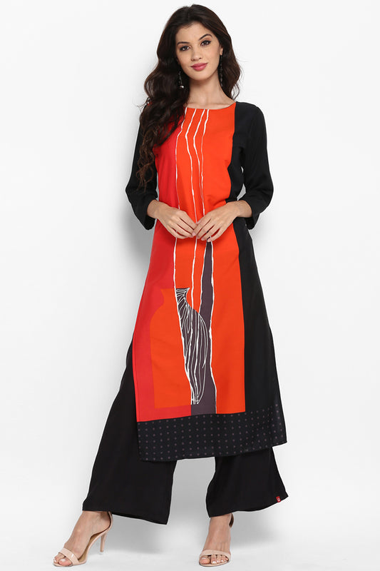 Ahika Women Orange Color Crepe Fabric Fancy Printed A Line Kurta