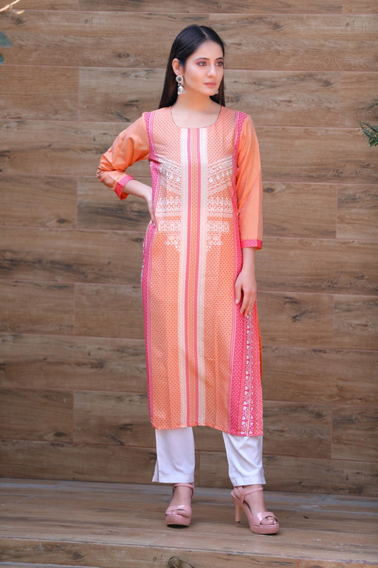 Ahika Women Occasion Wear Crepe Fabric Printed Stylish Peach Color Kurti 