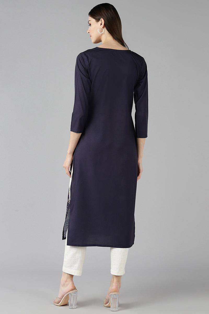 AHIKA Women Navy Blue & Beige Screen Printed Straight Kurta