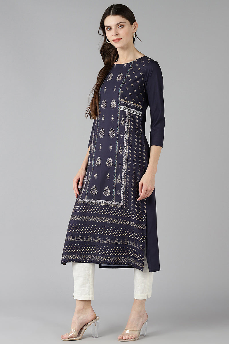 AHIKA Women Navy Blue & Beige Screen Printed Straight Kurta