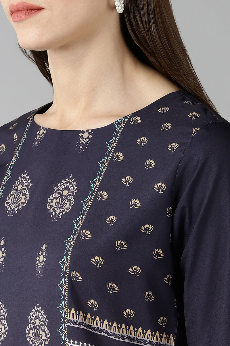 AHIKA Women Navy Blue & Beige Screen Printed Straight Kurta